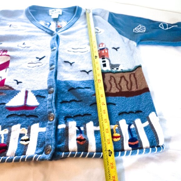 Vintage Design White Blue Lighthouse Ocean Sailboat Nantucket Cardigan Sweater L - Picture 9 of 10
